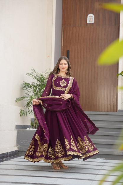Green & Purple Premium Zari Embroidered Gown with Dupatta