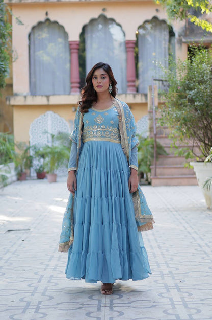 Premium Star Georgette Heavy Flair Gown with Embroidered Dupatta