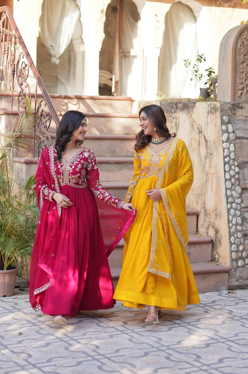 Yellow & Red Designer Gown Set with Zari Sequin Work