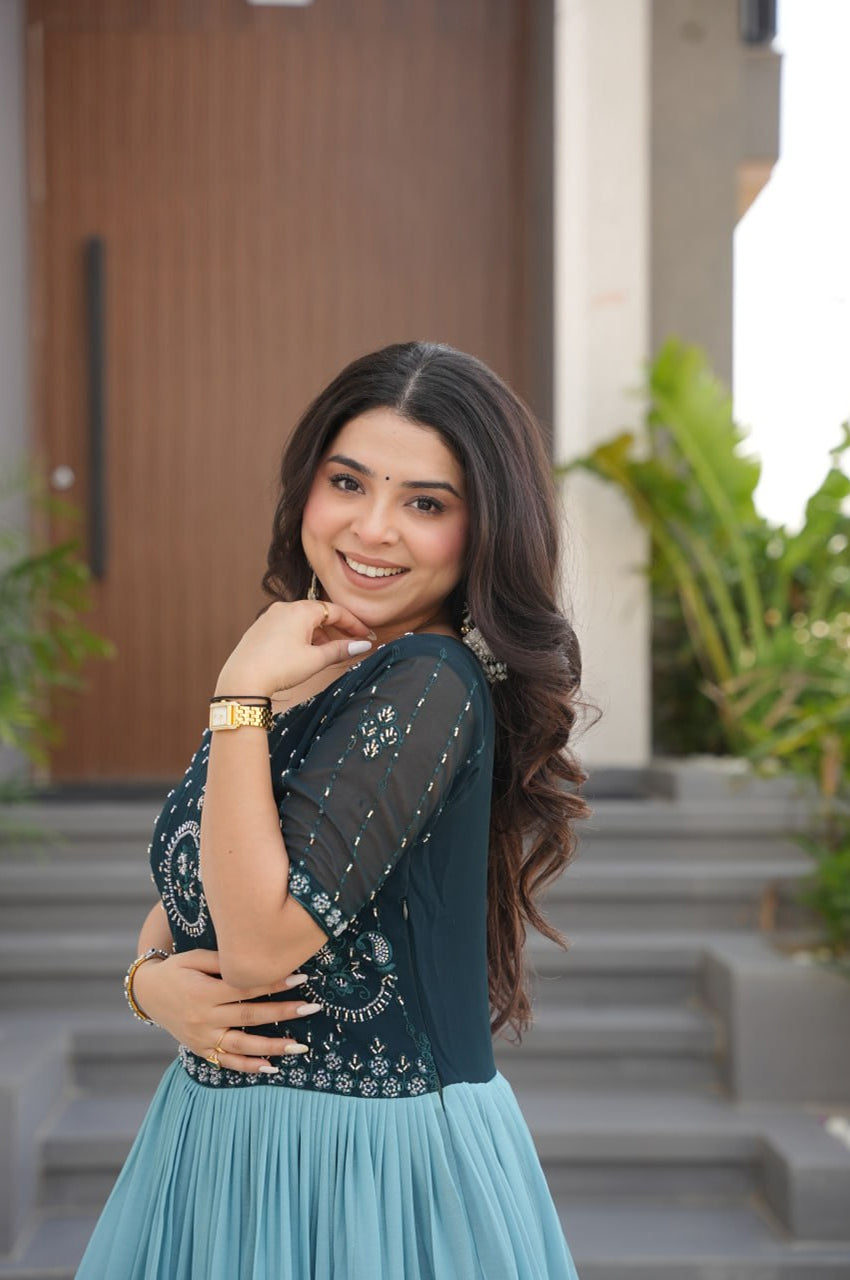 Designer Blue & Purple Gown with Embroidery & Floral Digital Print