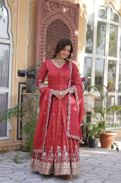 Viscose Cosmos Embroidered Gown Set | Red  | Elegant Festive Wear
