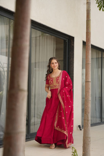 Premium Vichitra Silk Gown with Dupatta (Red & Purple Variants)