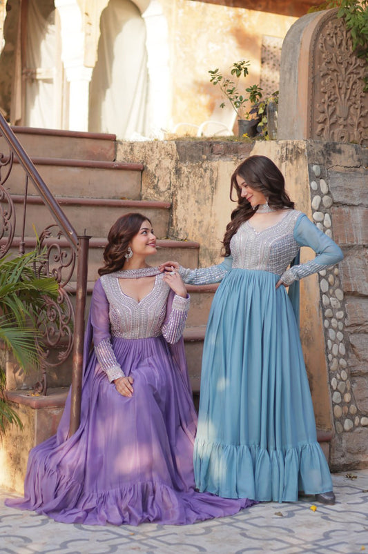 Elegant Star Georgette Gown with Beads + Dupatta | Sky Blue & Purple