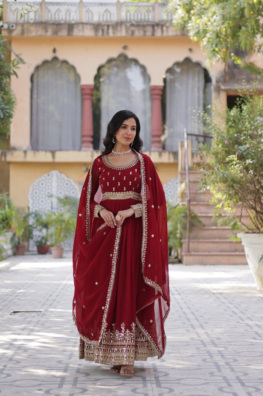 Maroon & Purple Faux Embroidered Gown with Dupatta – Regal Edition