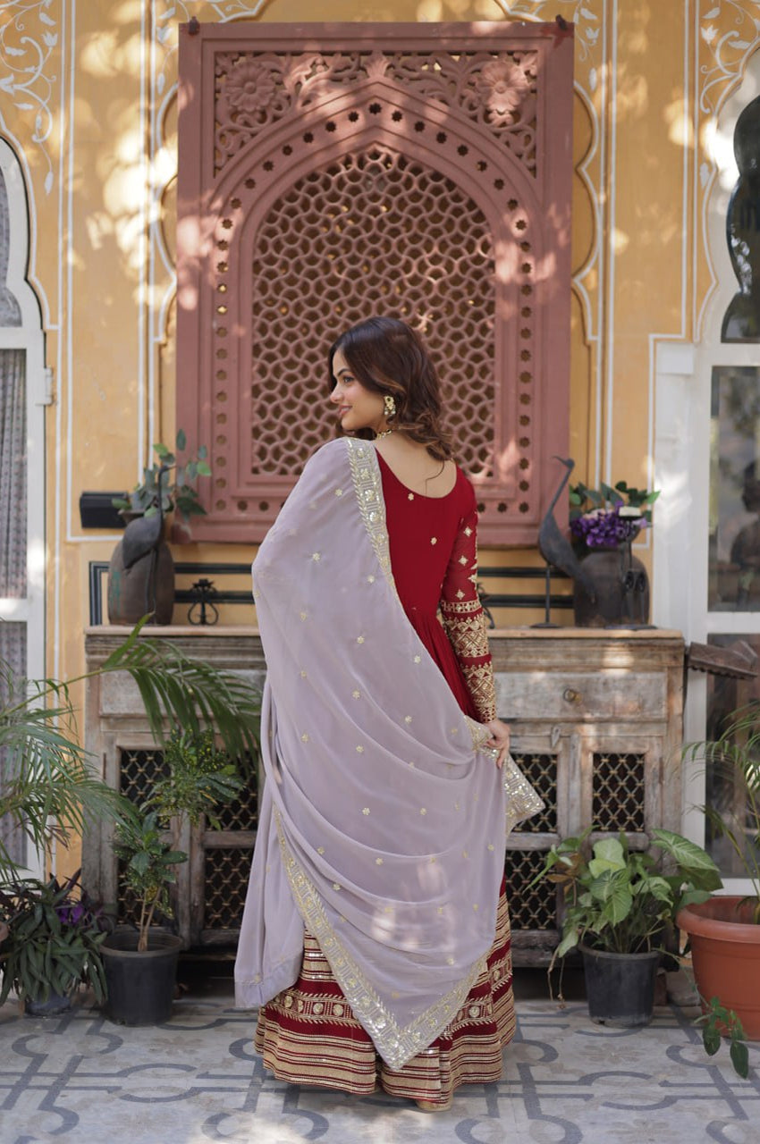 Maroon Designer Gown Set with Zari Sequin Embroidery & Faux Dupatta
