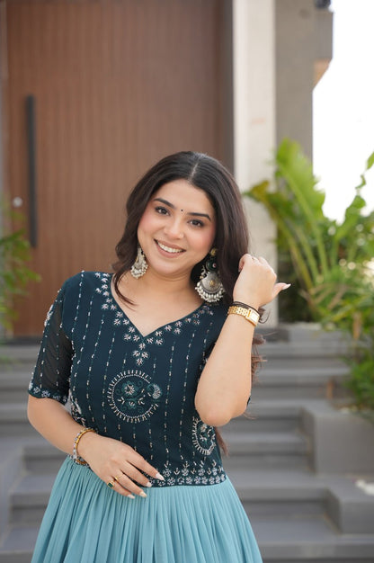 Designer Blue & Purple Gown with Embroidery & Floral Digital Print