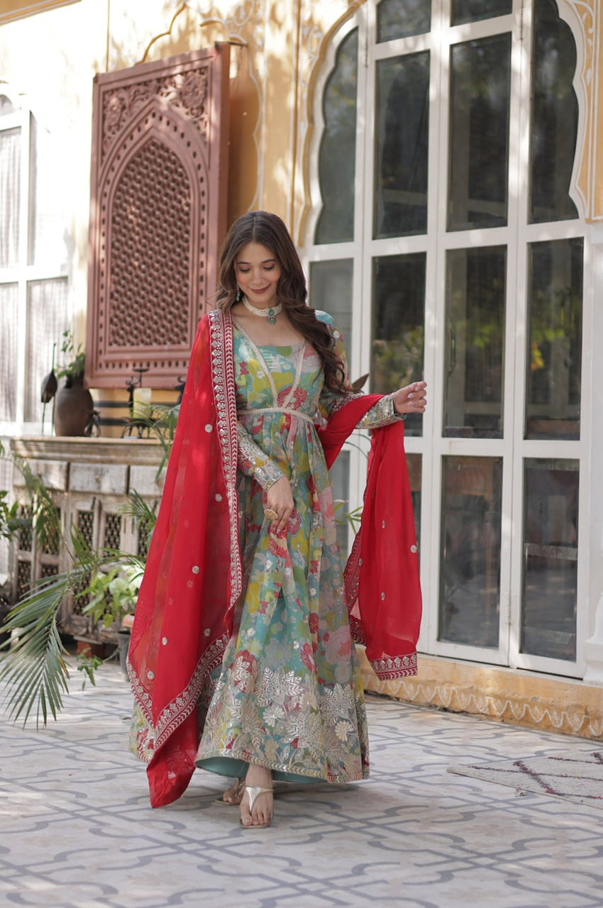 Elegant Alia Cut Russian Silk Gown with Dupatta (Orange & Green)