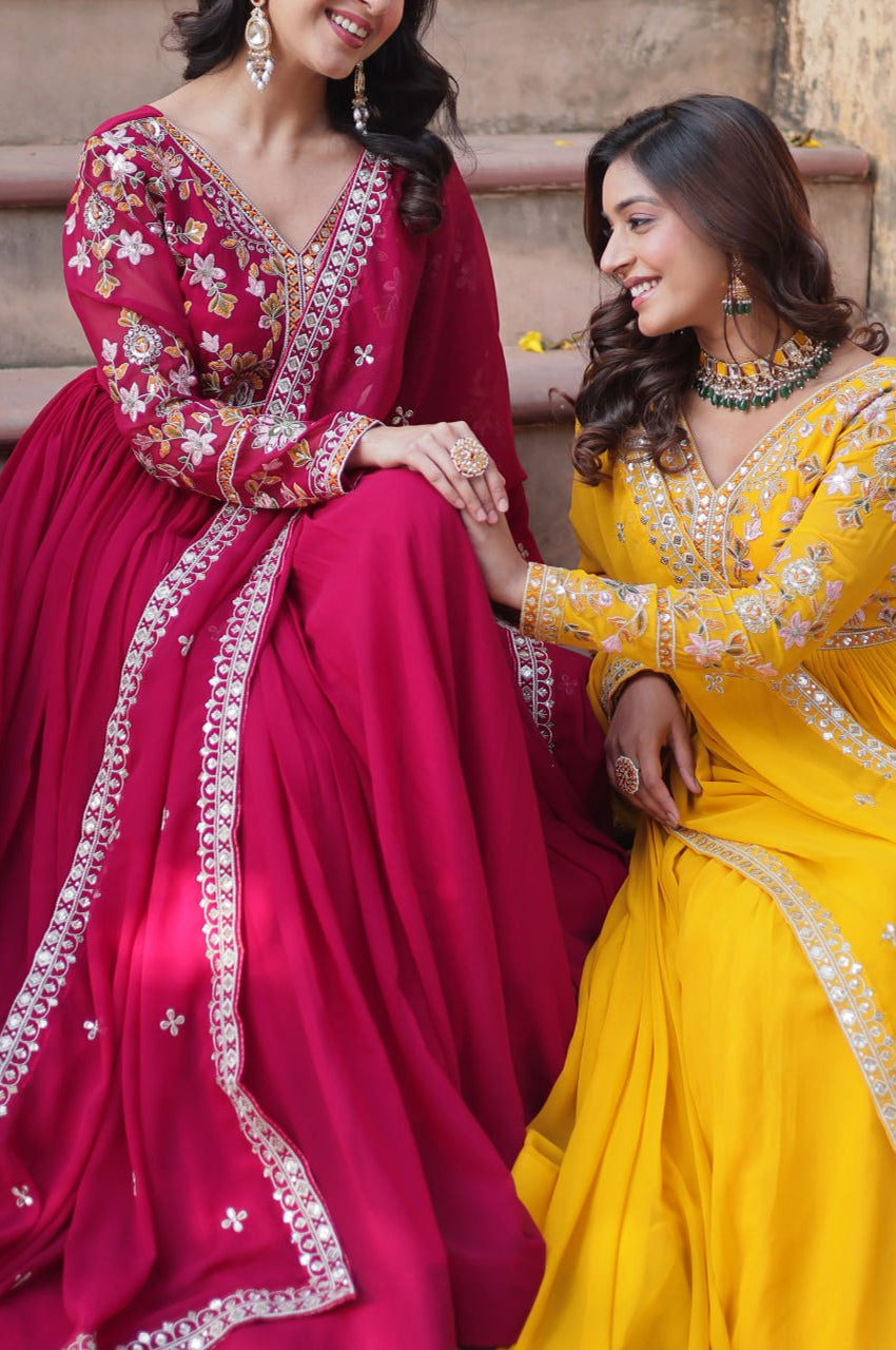 Yellow & Red Designer Gown Set with Zari Sequin Work