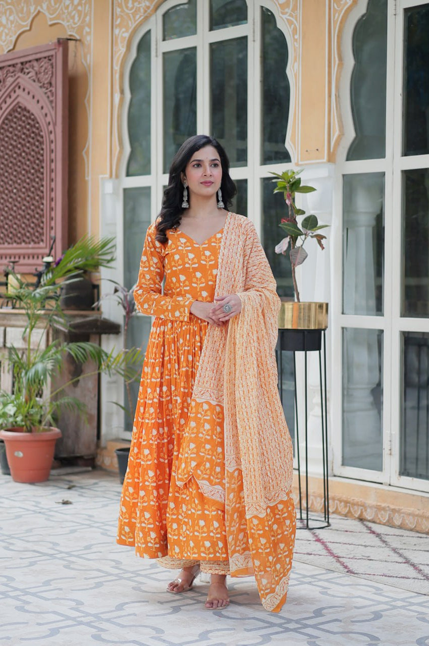Pure Cotton Kurti Pant Dupatta Set | Gray & Orange | Ethnic Charm