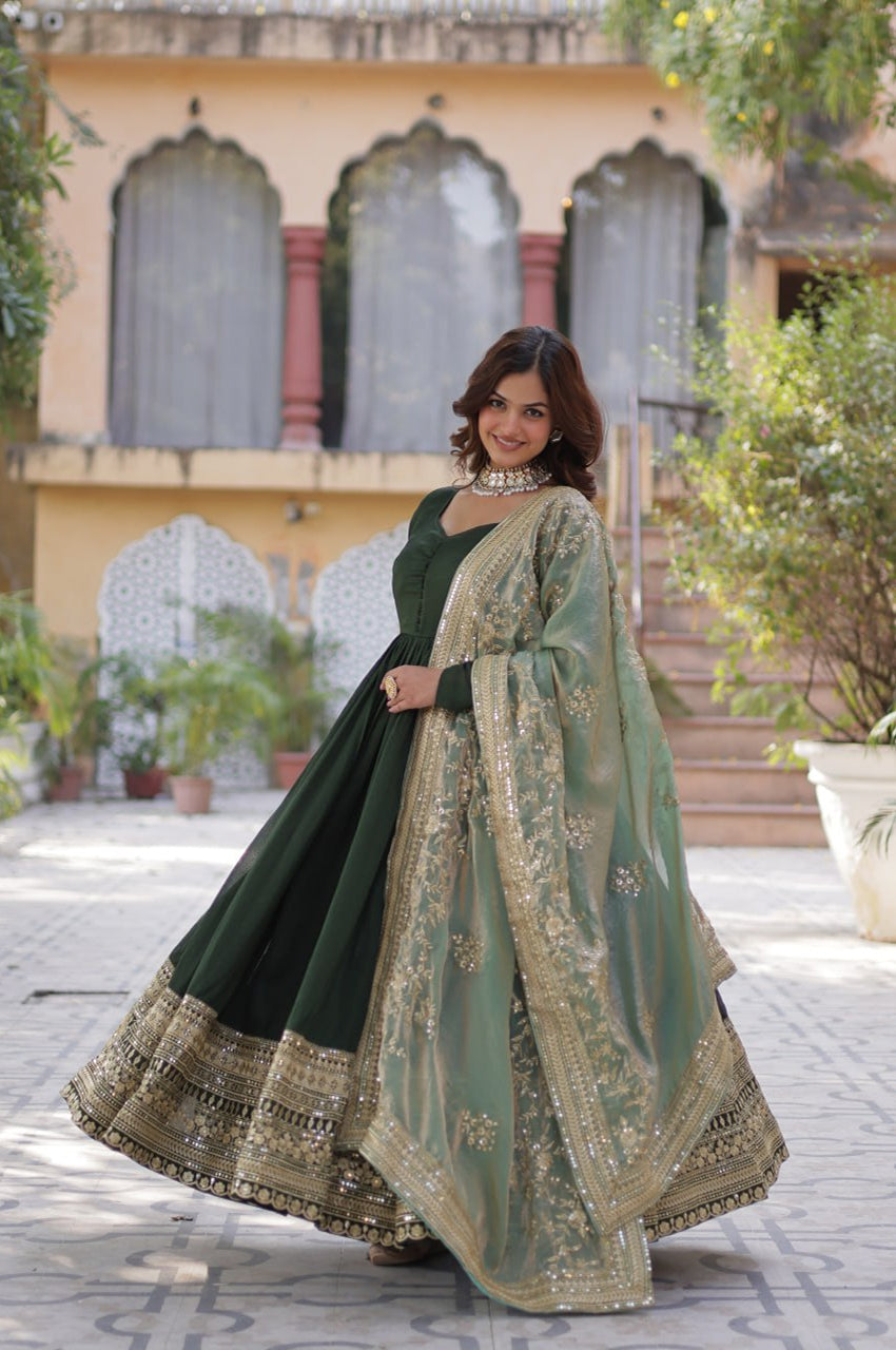 Rani Pink & Green Vichitra Gown with Dupatta – Festive Flair Edition