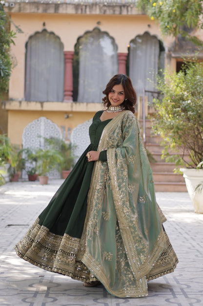 Rani Pink & Green Vichitra Gown with Dupatta – Festive Flair Edition