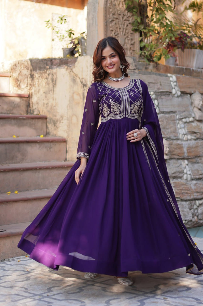 Premium Faux Blooming Embroidered Gown with Dupatta (Maroon & Purple)