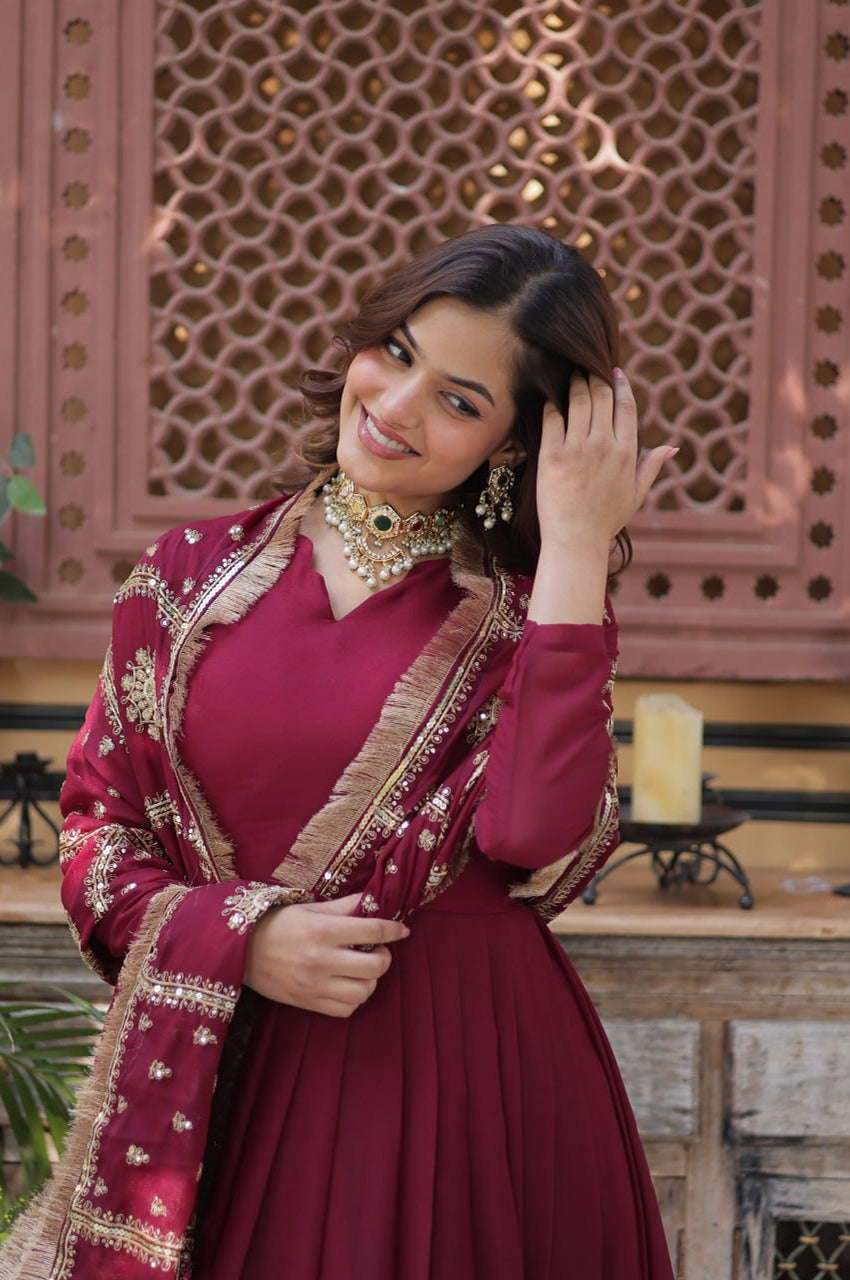 Black & Maroon Star  Gown with Dupatta – Ready-to-Wear Collection