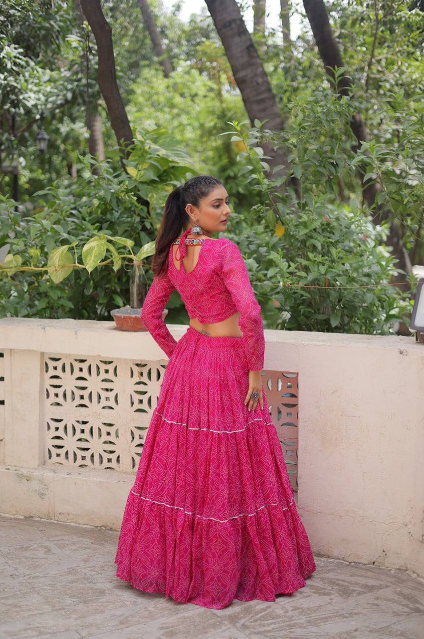 Bandhej Print Navratri Lehenga Choli with Gamthi Embroidery & Gotta Patti Lace – 12 Meter Flair (Fully Stitched)