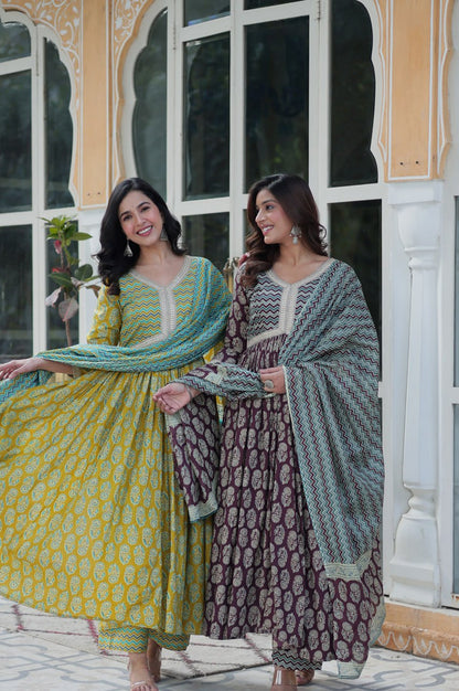 Pure Cotton Kurti Pant Dupatta Set | Coffee & Green | Ethnic Luxe