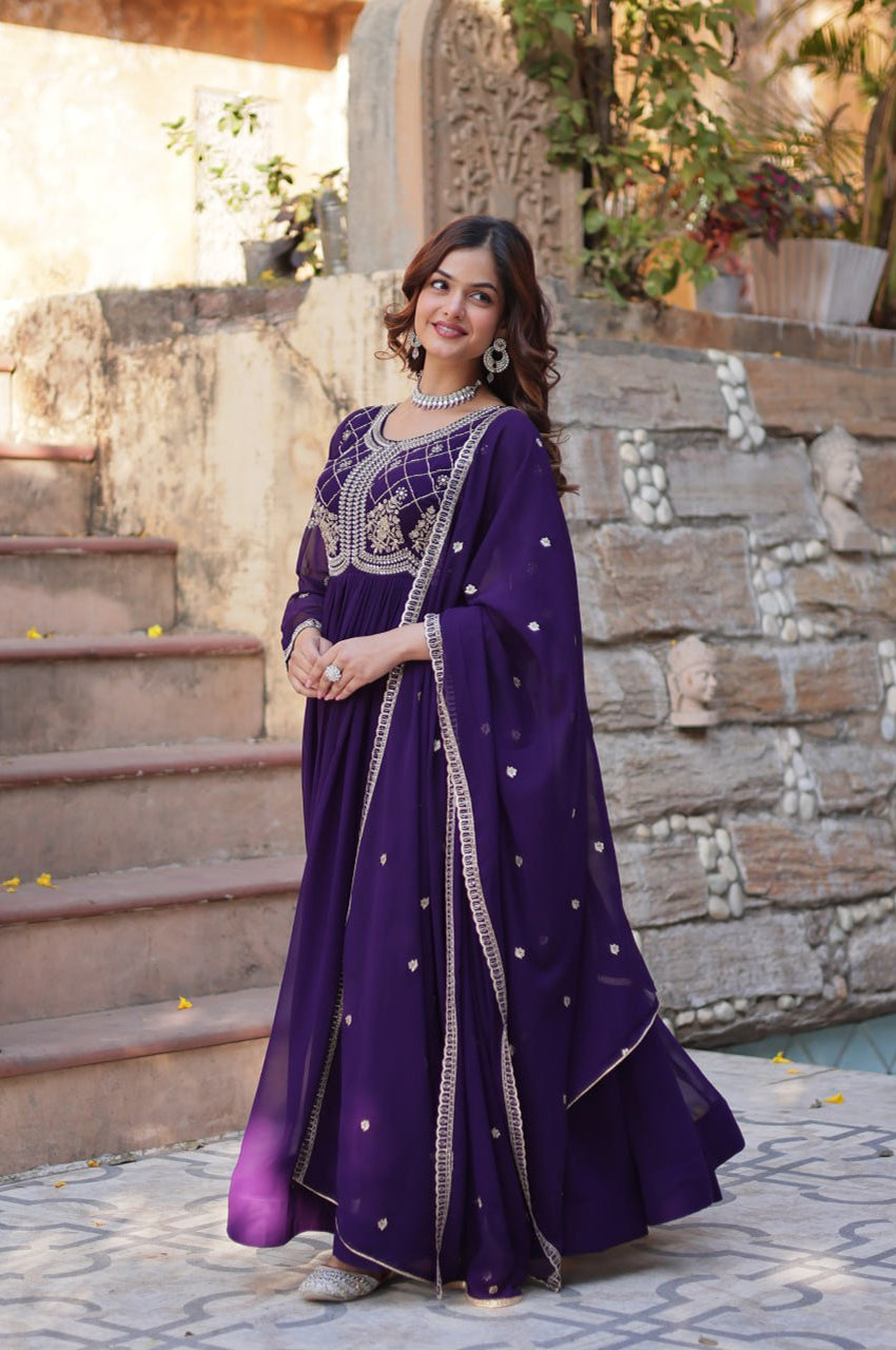 Premium Faux Blooming Embroidered Gown with Dupatta (Maroon & Purple)