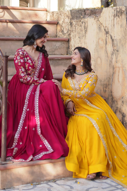 Yellow & Red Designer Gown Set with Zari Sequin Work