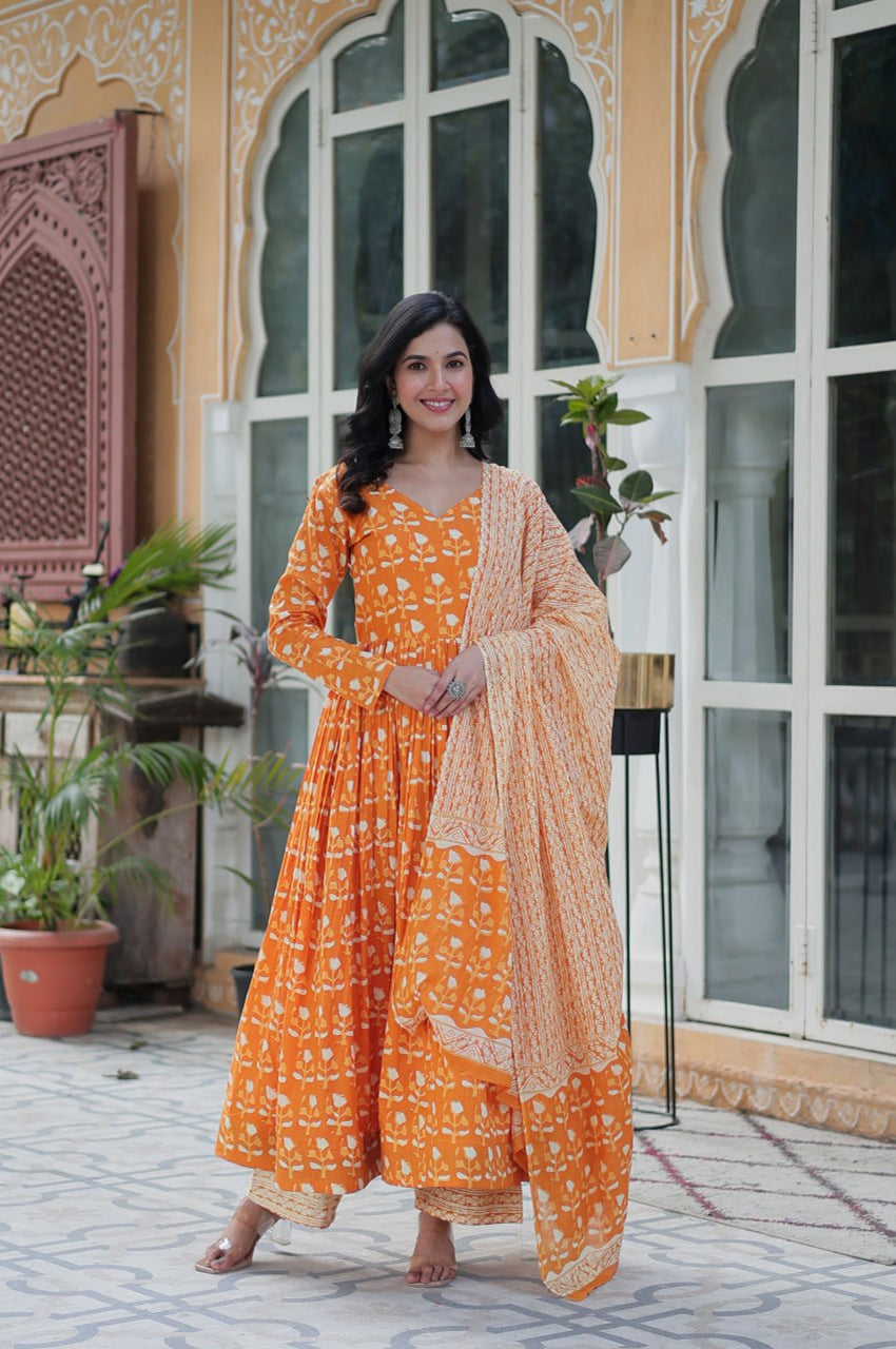 Pure Cotton Kurti Pant Dupatta Set | Gray & Orange | Ethnic Charm