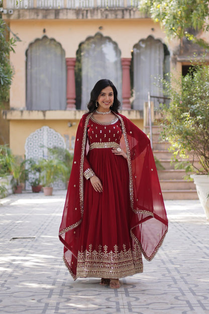 Maroon & Purple Faux Embroidered Gown with Dupatta – Regal Edition