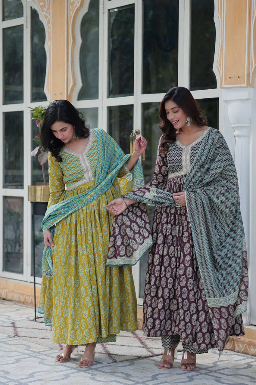 Pure Cotton Kurti Pant Dupatta Set | Coffee & Green | Ethnic Luxe