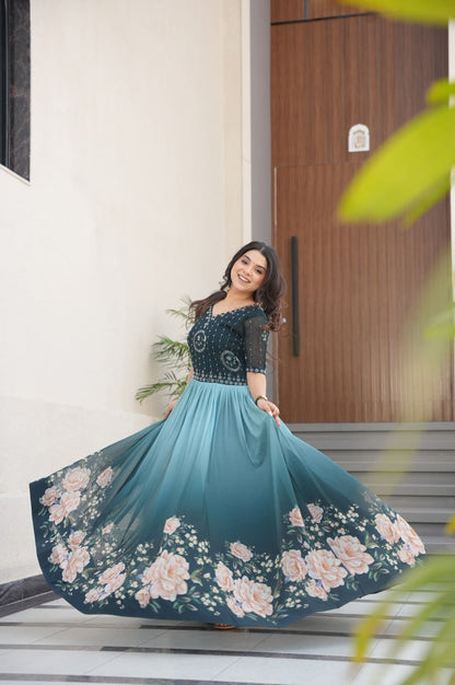 Designer Blue & Purple Gown with Embroidery & Floral Digital Print
