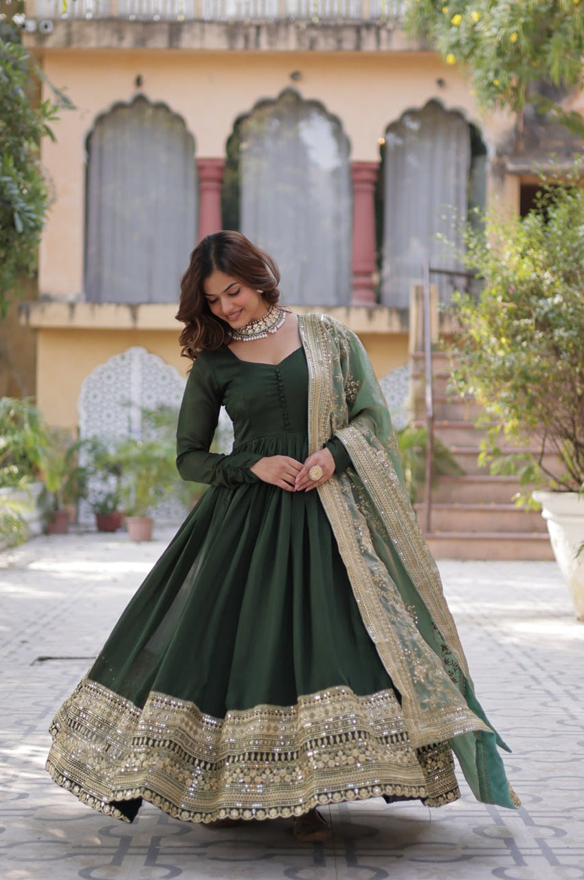 Rani Pink & Green Vichitra Gown with Dupatta – Festive Flair Edition