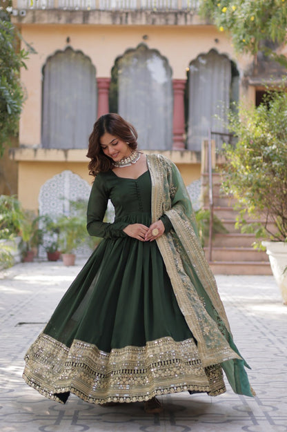 Rani Pink & Green Vichitra Gown with Dupatta – Festive Flair Edition