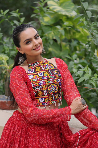 Bandhej Print Navratri Lehenga Choli with Gamthi Embroidery & Gotta Patti Lace – 12 Meter Flair (Fully Stitched)