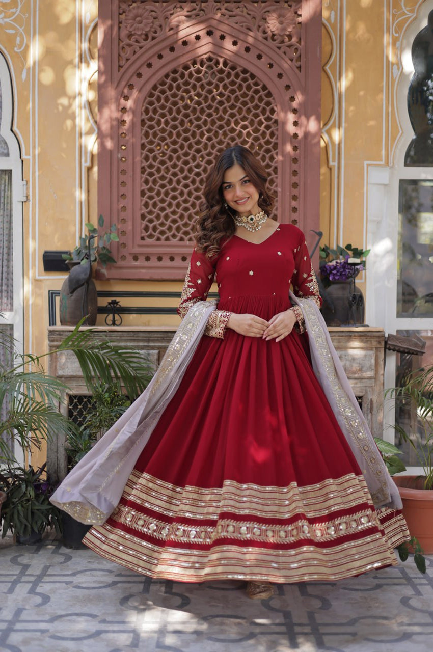 Maroon Designer Gown Set with Zari Sequin Embroidery & Faux Dupatta