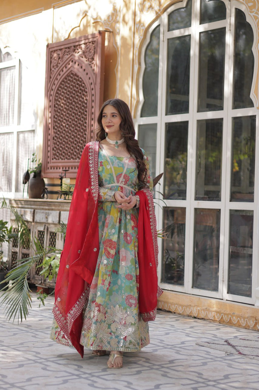 Elegant Alia Cut Russian Silk Gown with Dupatta (Orange & Green)