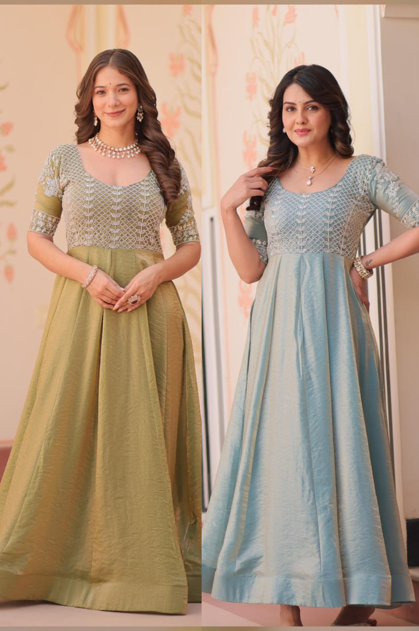 Blue & Green Beads Embroidered Fendy Gown