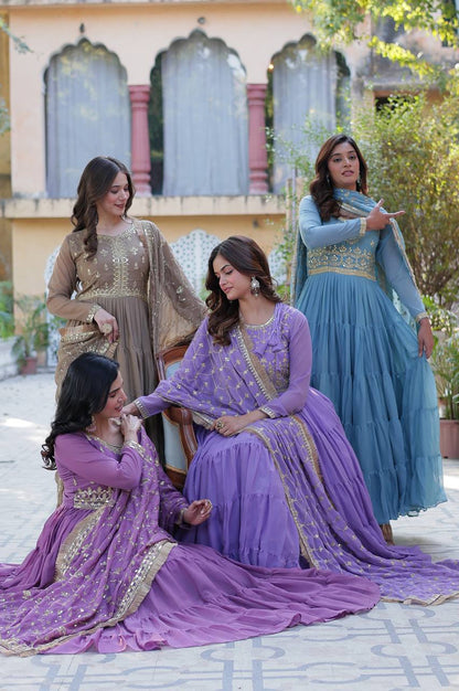 Premium Star Georgette Heavy Flair Gown with Embroidered Dupatta