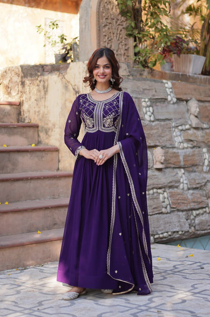 Premium Faux Blooming Embroidered Gown with Dupatta (Maroon & Purple)