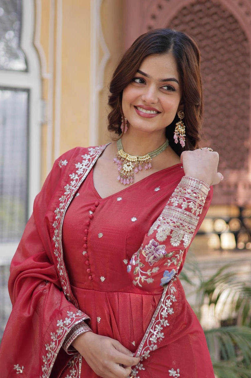 Viscose Cosmos Embroidered Gown Set | Red  | Elegant Festive Wear