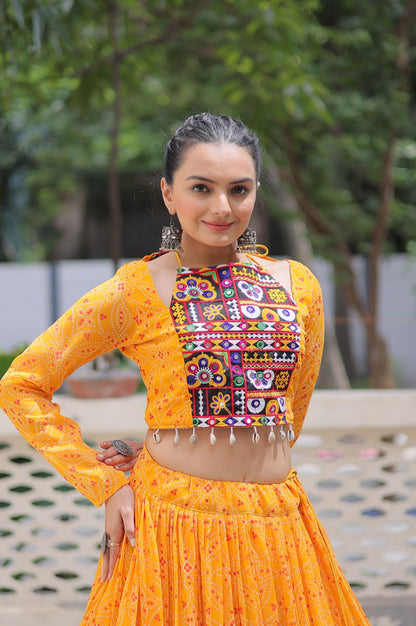 Bandhej Print Navratri Lehenga Choli with Gamthi Embroidery & Gotta Patti Lace – 12 Meter Flair (Fully Stitched)