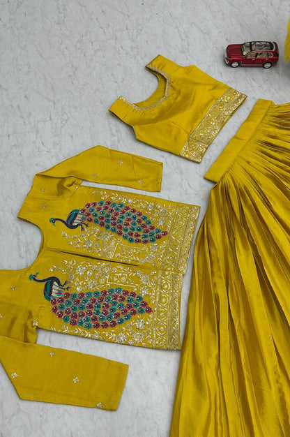 Chinon Lehenga with Heavy Embroidered Crop Top & Jacket