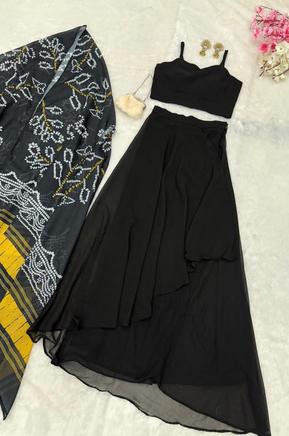 Black Indo-Western Drape Skirt Set with Embroidered Blouse & Shrug