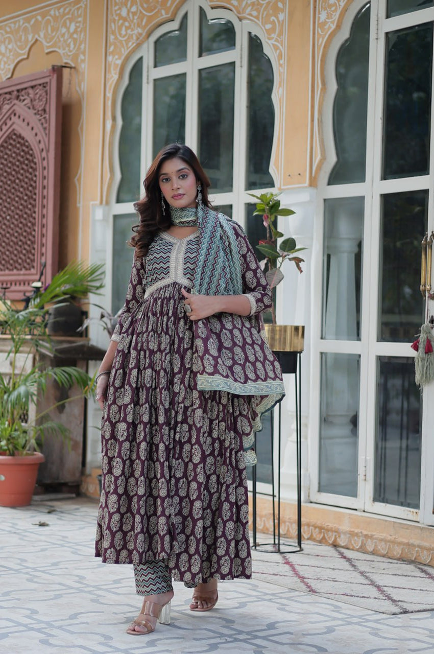 Pure Cotton Kurti Pant Dupatta Set | Coffee & Green | Ethnic Luxe