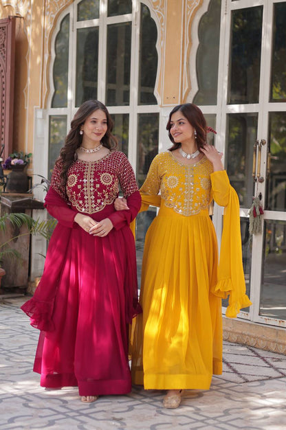 Yellow & Red Faux Blooming Designer Gown with Dupatta
