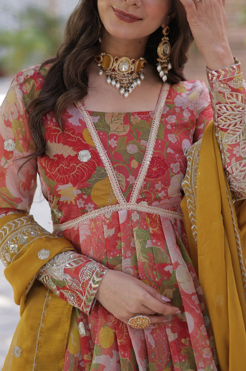 Elegant Alia Cut Russian Silk Gown with Dupatta (Orange & Green)