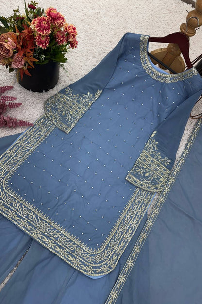 Faux Georgette Designer Sharara Suit with 5mm Sequins Embroidery – Fully Stitched Top, Sharara & Dupatta Set