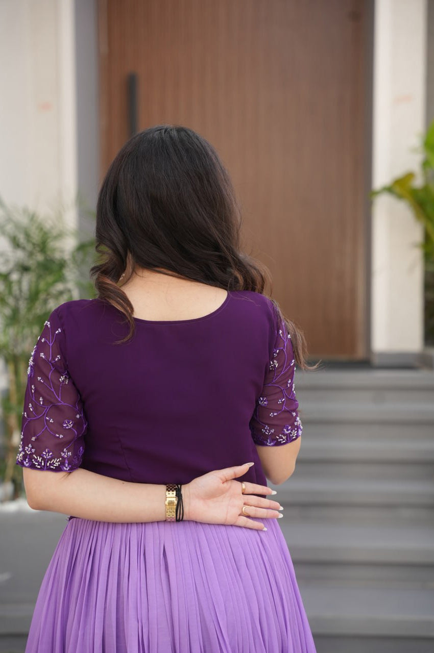 Designer Blue & Purple Gown with Embroidery & Floral Digital Print