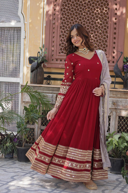 Maroon Designer Gown Set with Zari Sequin Embroidery & Faux Dupatta