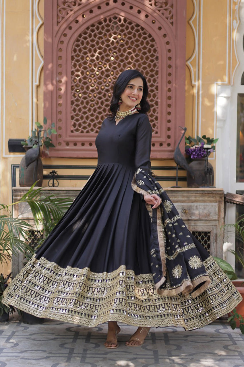 Black & Maroon Star  Gown with Dupatta – Ready-to-Wear Collection
