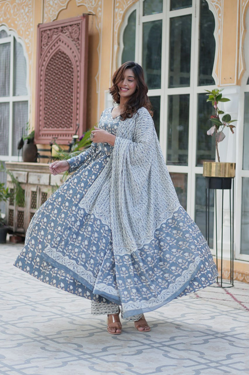 Pure Cotton Kurti Pant Dupatta Set | Gray & Orange | Ethnic Charm