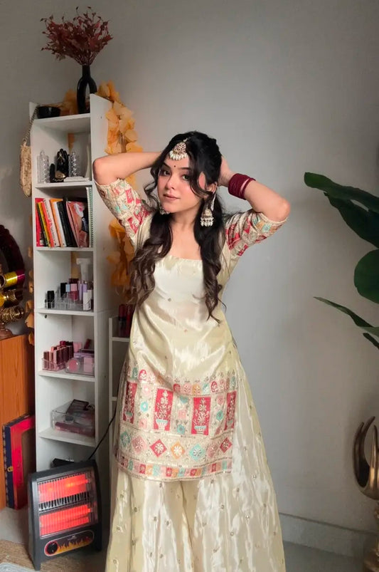 Cream Chinon Silk Embroidered Gharara Suit Set with Dupatta