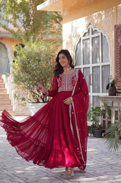 Premium Faux Blooming Gown with Pearl Embroidery & Dupatta (Red)