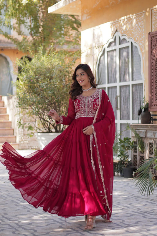 Premium Faux Blooming Gown with Pearl Embroidery & Dupatta (Red)