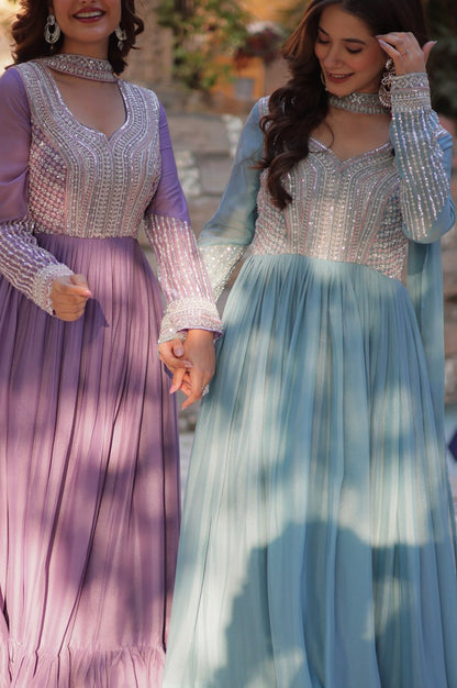 Elegant Star Georgette Gown with Beads + Dupatta | Sky Blue & Purple