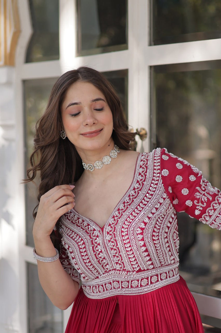 Slit-Cut Long Kurti with Lehenga Set | Purple & Red